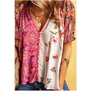 Boho Vibrant Floral Print Puff Sleeve Blouse